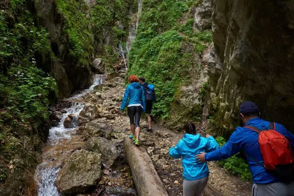 people hiking along a river and waterfall.
