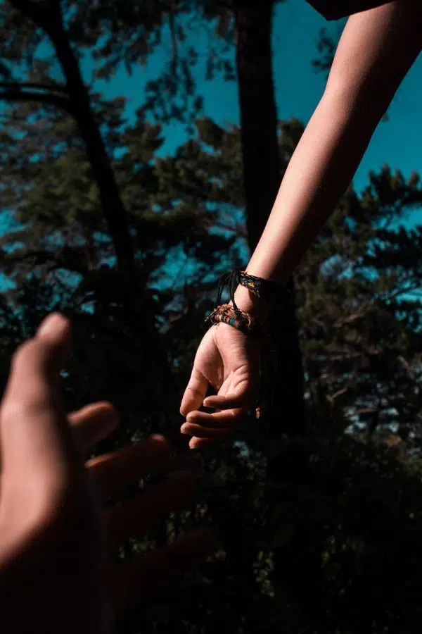 one hand reaching out for another with trees in background.