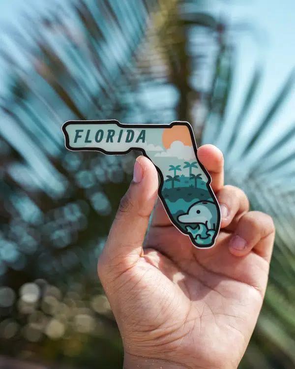 hand holding a small florida cutout with blurred palm tree in background.