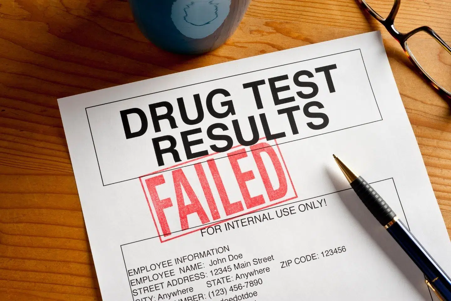 white paper titled drug test results with large red stamp on it reading FAILED.