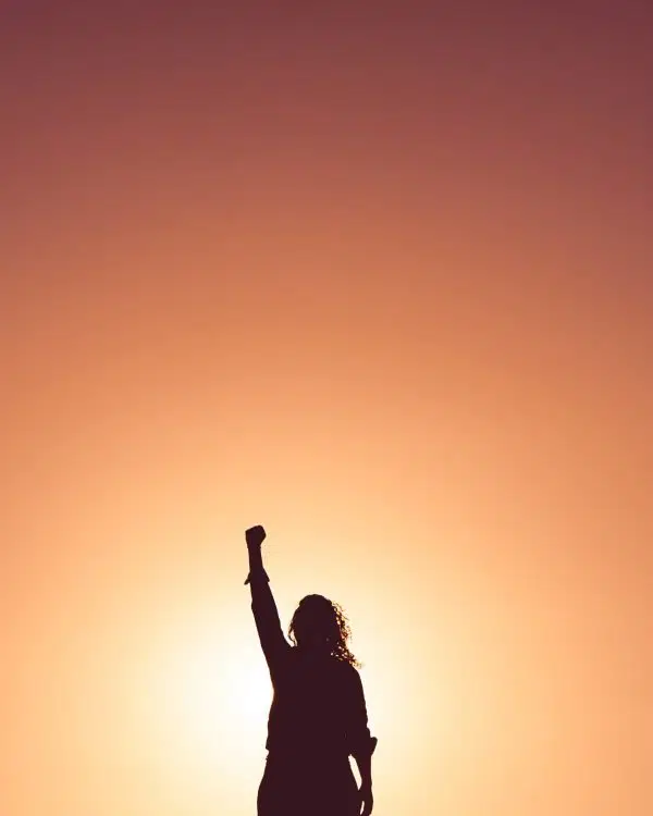 silhouette of a person standing in the sunset with the fist in the air.