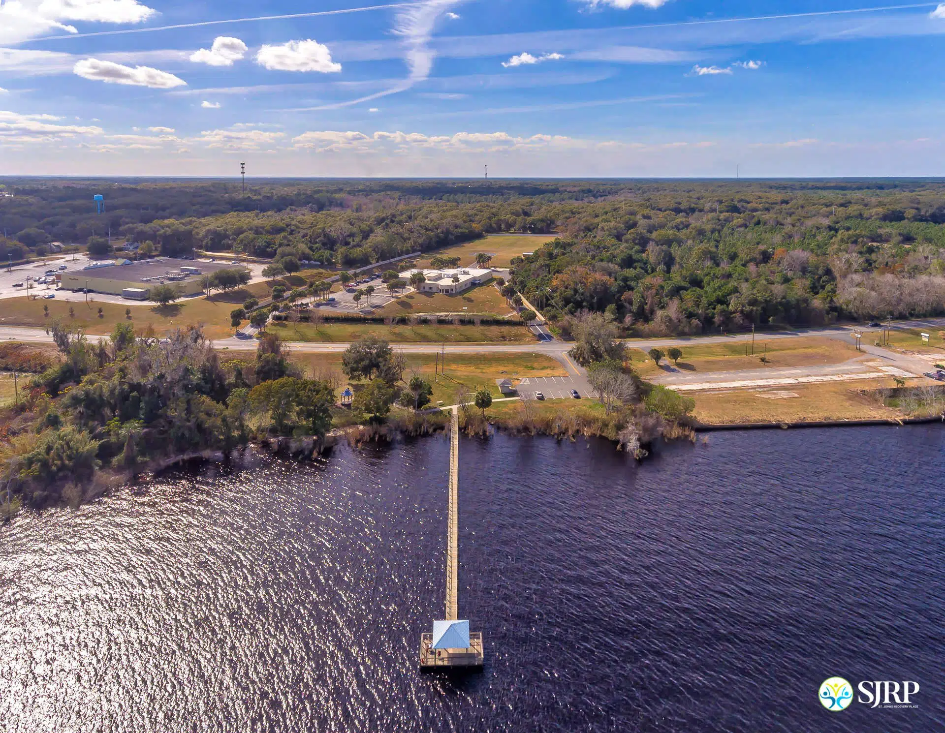 SJRP Crescent High Aerial Facing Lake Dock + Facility HDR