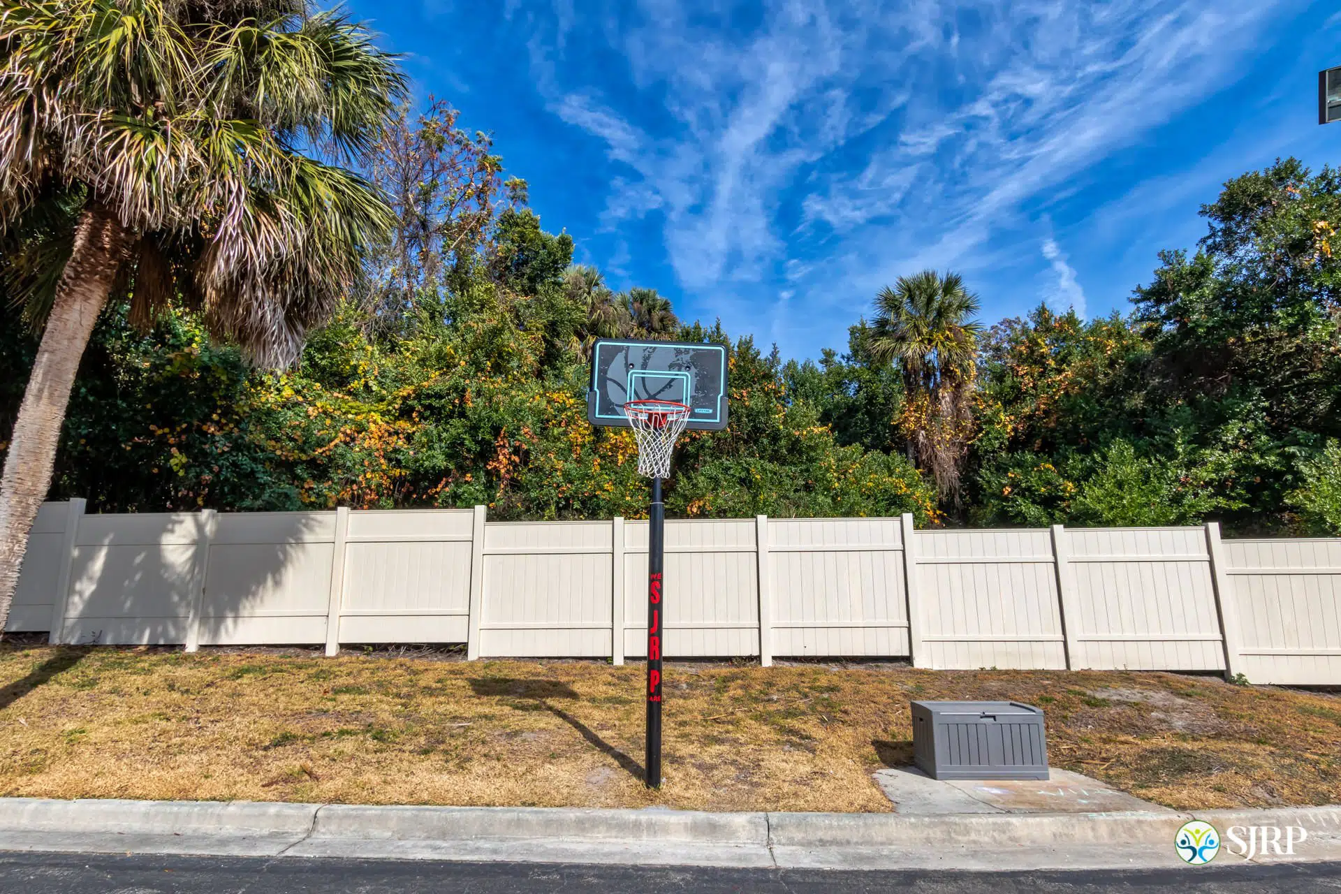 Basketball hoop, white fence lining street, trees in forest behind.