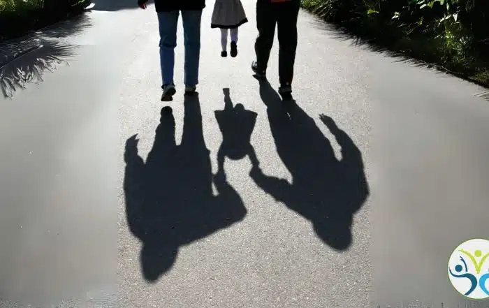 shadows of two adults holding hands of small child in the middle swinging her into the air.