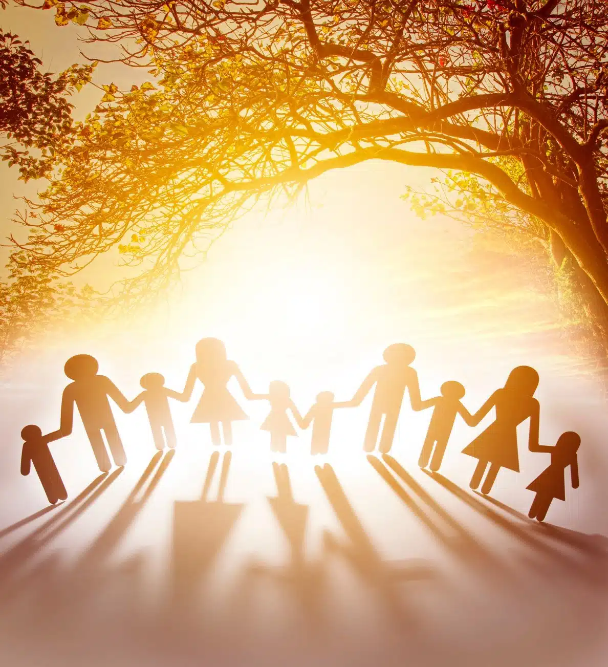 illustration of a tree branch arching over adult and child people figures holding hands in a row. idea of a family tree.